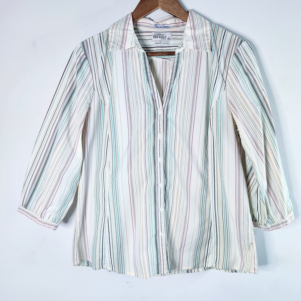 Vintage Old Navy Womens White Striped Button Up 3/4 Sleeve Blouse Size Large Y2K